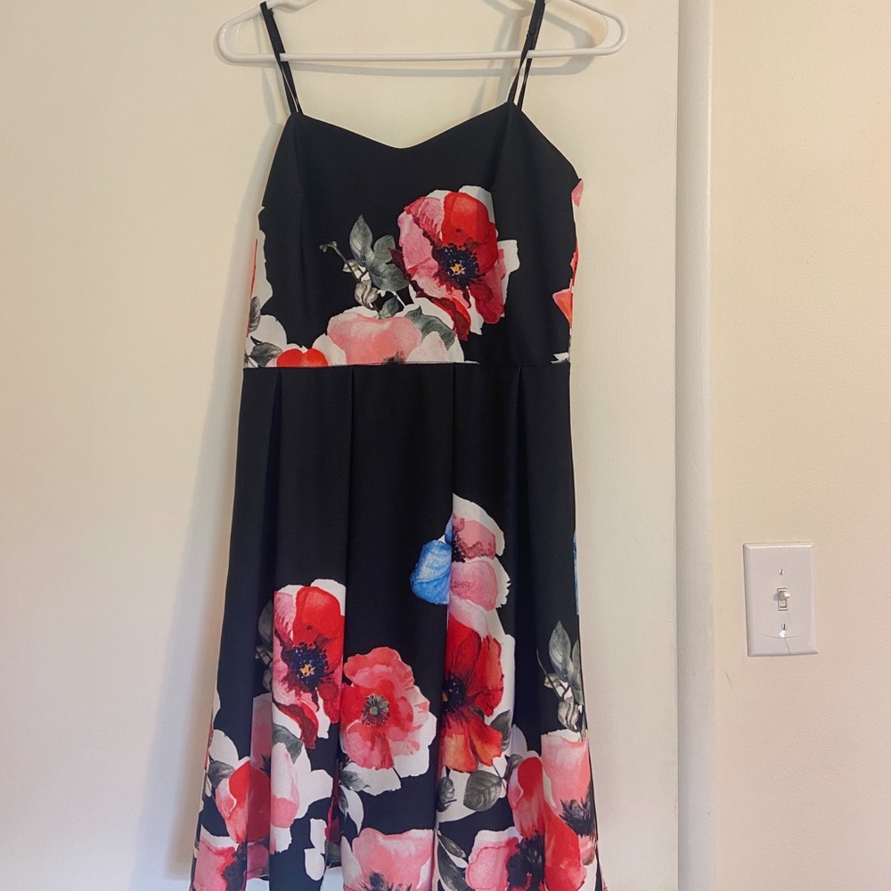 Black Dress with Red Pink and Blue Flowers